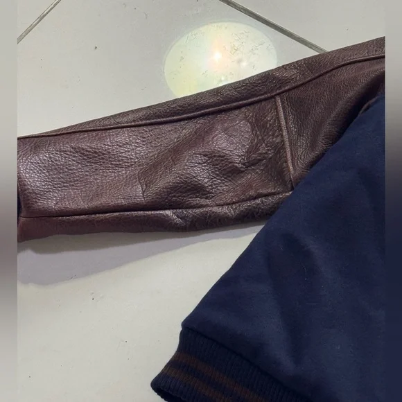 Dehen Varsity Jacket Navy with Brown Leather Sleeves Made in USA